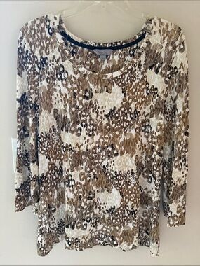 Amber Sun Animal Print 3/4 Sleeve Knit Top Brown Beige Large Stretch